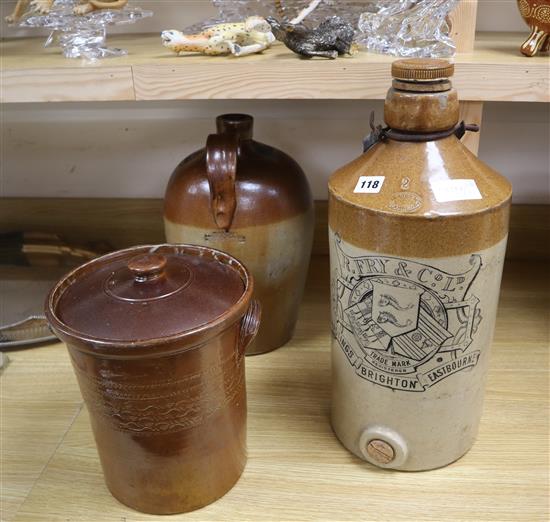 A stoneware advertising bottle for beer by Fry and Co Ltd Brighton and Eastbourne, a flagon and a Victorian bread crock